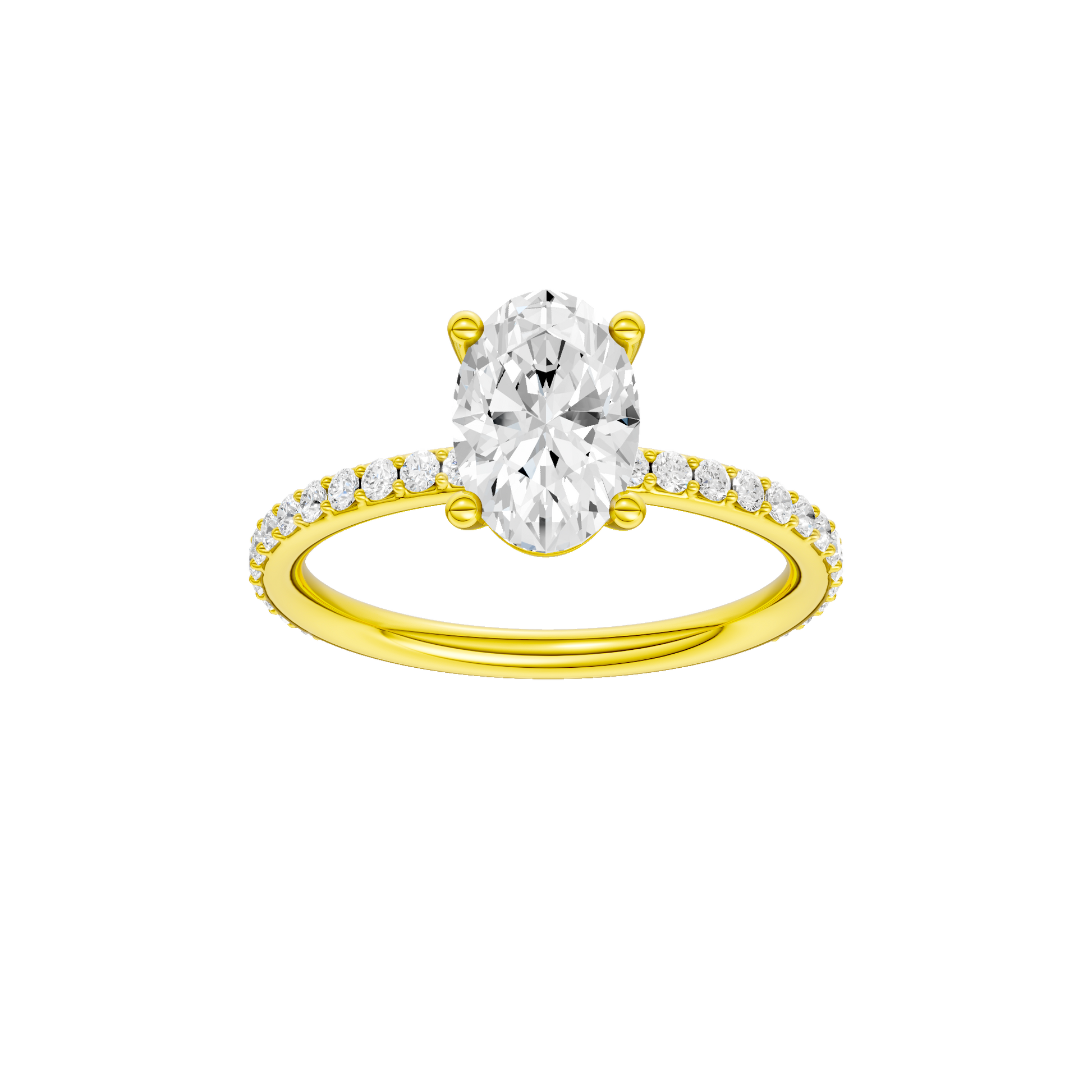 Oval-cut diamond engagement ring with a prong-set diamond band and solitaire setting.