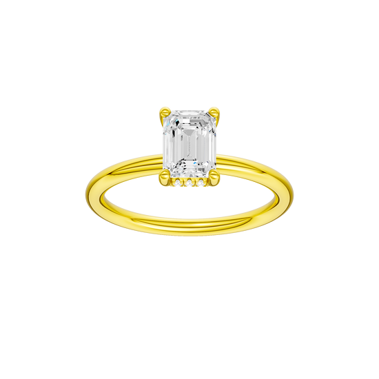 Emerald-cut diamond engagement ring with a plain band and hidden-halo setting.