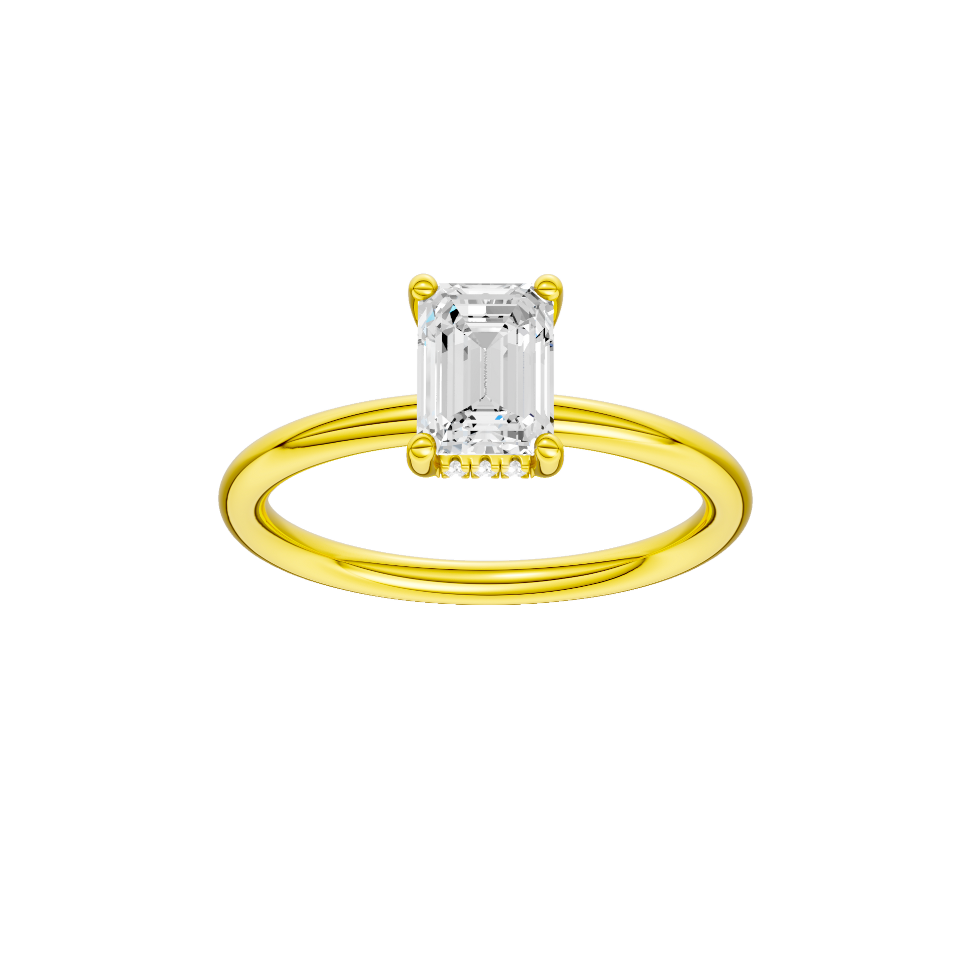Emerald-cut diamond engagement ring with a plain band and hidden-halo setting.