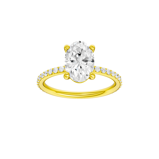 Oval-cut diamond engagement ring with a prong-set diamond band and solitaire setting.