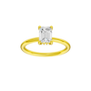 Emerald-cut diamond engagement ring with a plain band and hidden-halo setting.
