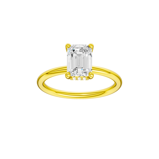 Emerald-cut diamond engagement ring with a plain band and hidden-halo setting.