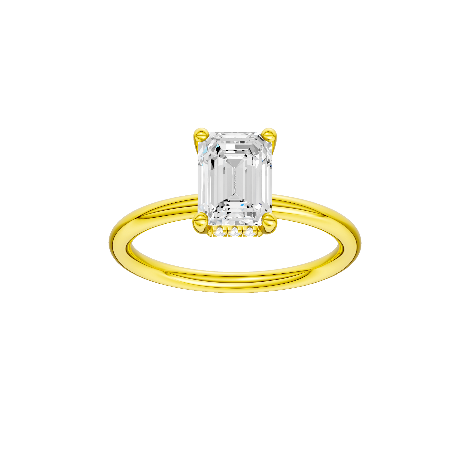 Emerald-cut diamond engagement ring with a plain band and hidden-halo setting.
