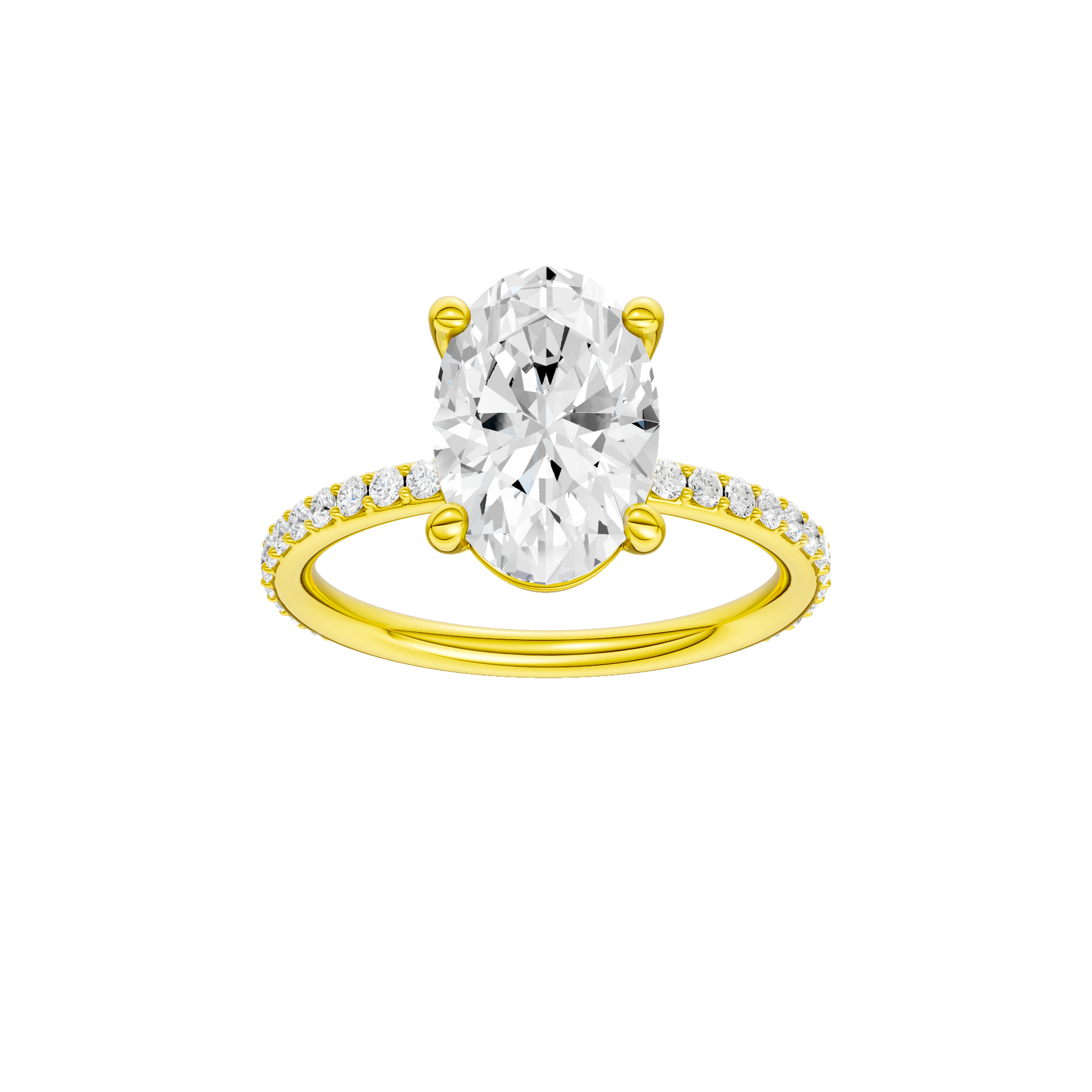 Oval-cut diamond engagement ring with a prong-set diamond band and solitaire setting.