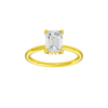 Emerald-cut diamond engagement ring with a plain band and hidden-halo setting.