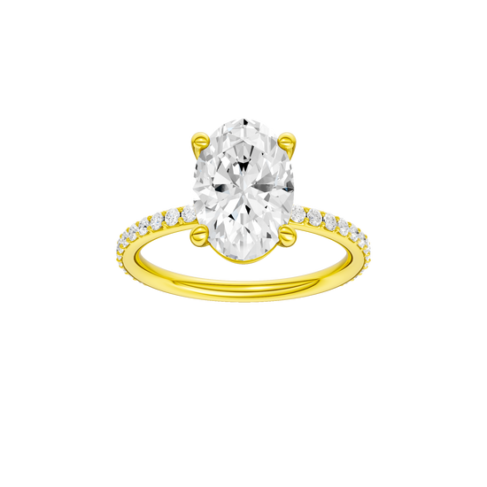 Oval-cut diamond engagement ring with a prong-set diamond band and solitaire setting.