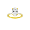 Oval-cut diamond engagement ring with a prong-set diamond band and solitaire setting.
