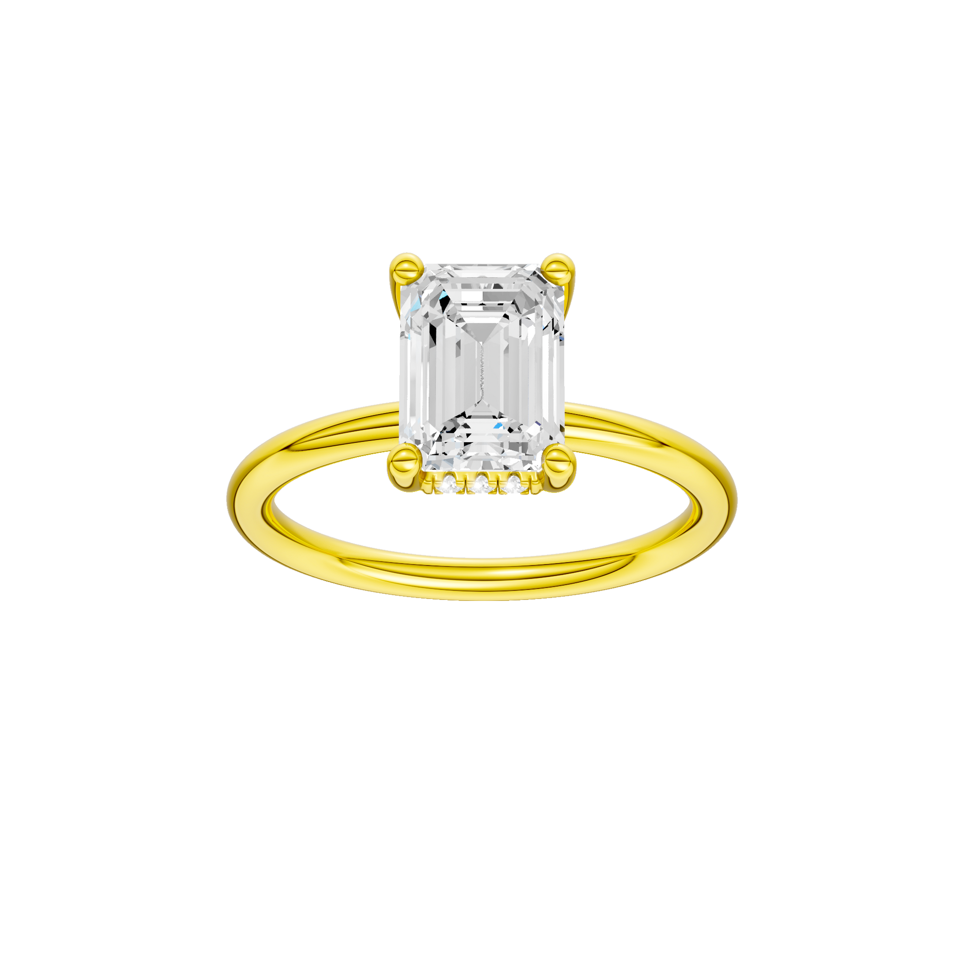 Emerald-cut diamond engagement ring with a plain band and hidden-halo setting.