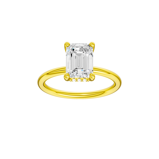 Emerald-cut diamond engagement ring with a plain band and hidden-halo setting.