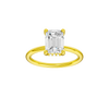 Emerald-cut diamond engagement ring with a plain band and hidden-halo setting.