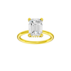Emerald-cut diamond engagement ring with a plain band and hidden-halo setting.