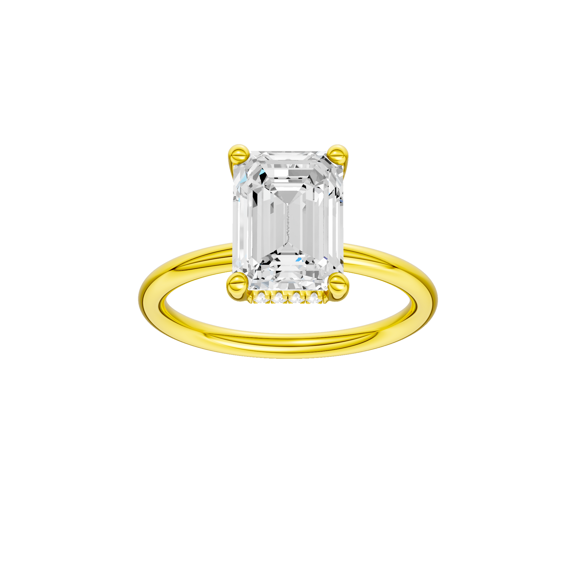 Emerald-cut diamond engagement ring with a plain band and hidden-halo setting.