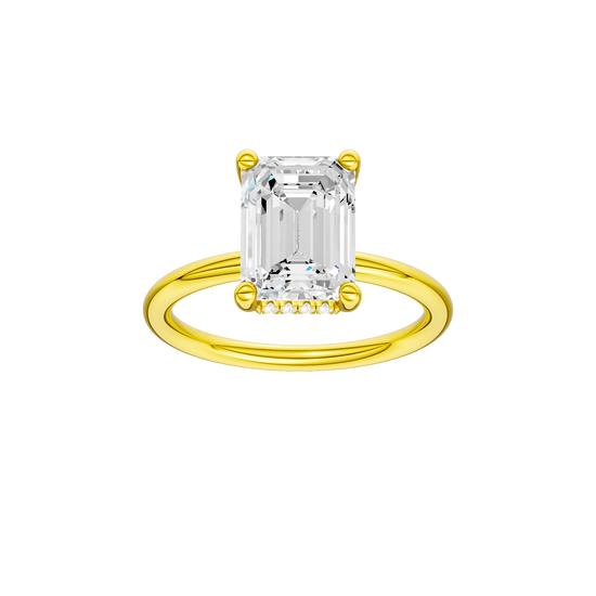Emerald-cut diamond engagement ring with a plain band and hidden-halo setting.