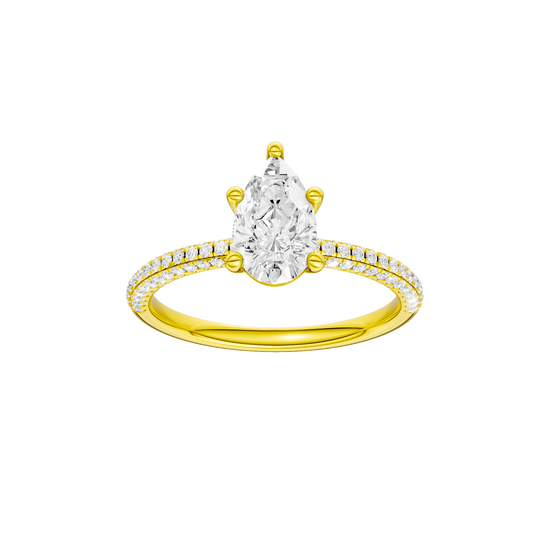 Pear-cut diamond engagement ring with a pavé-set diamond band and solitaire setting.