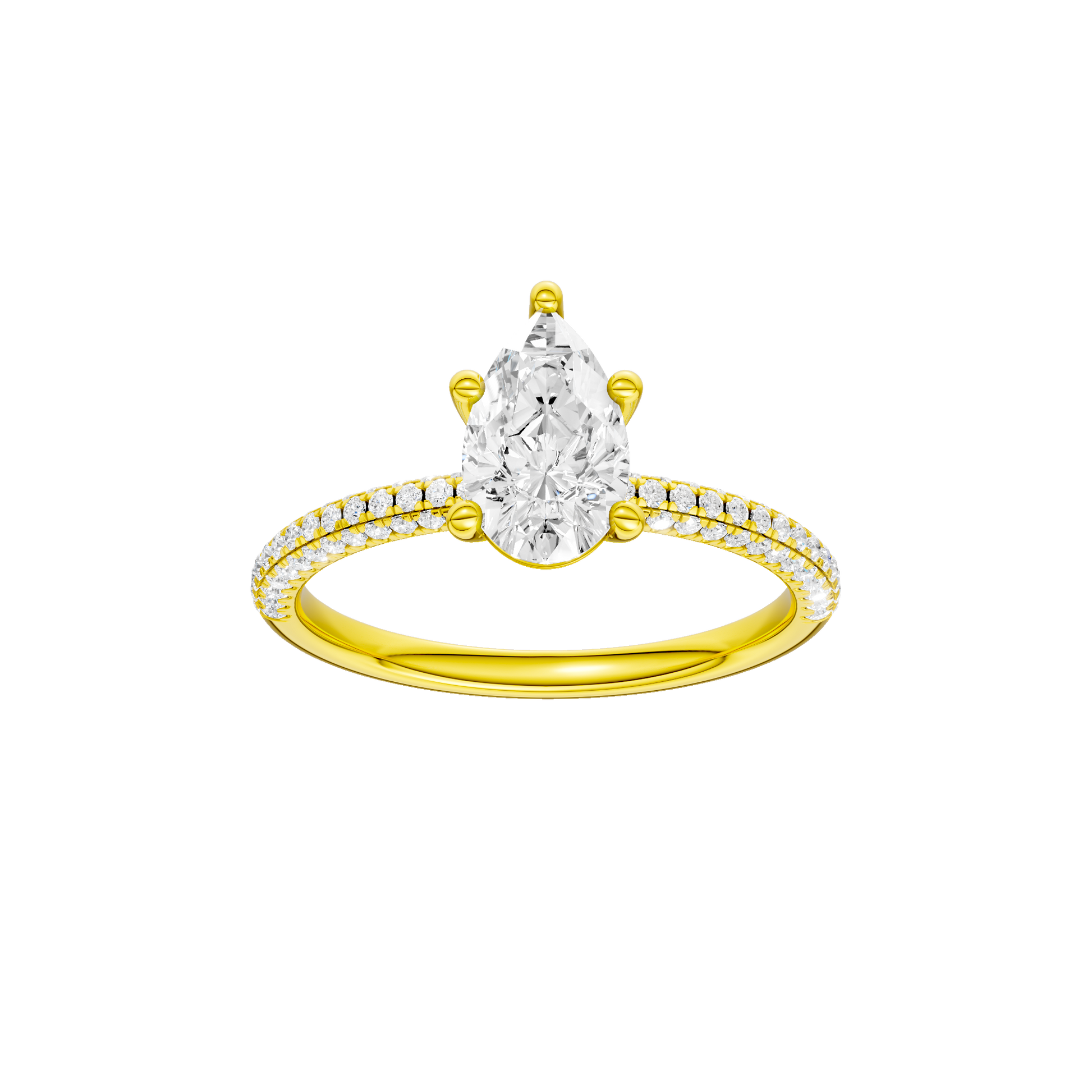 Pear-cut diamond engagement ring with a pavé-set diamond band and solitaire setting.