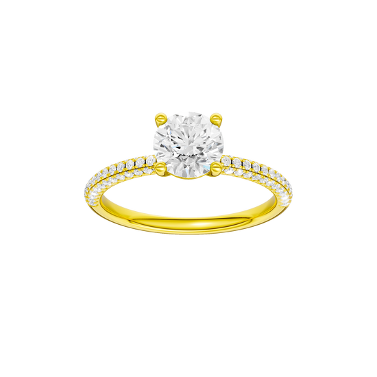 Round-cut diamond engagement ring with a pavé-set diamond band and solitaire setting.