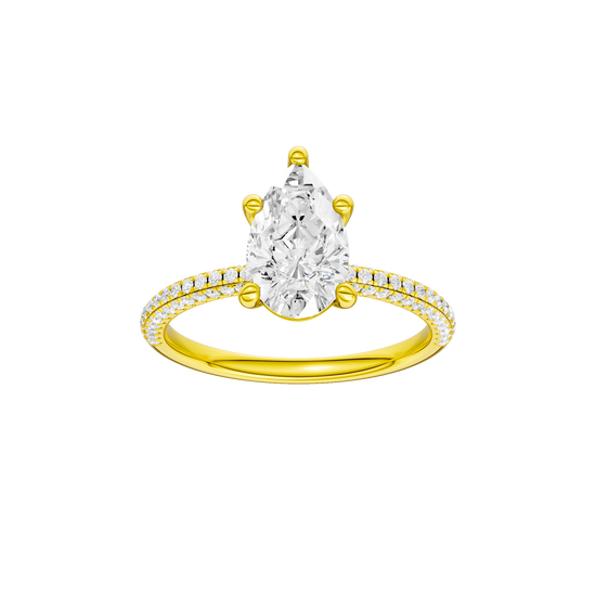 Pear-cut diamond engagement ring with a pavé-set diamond band and solitaire setting.