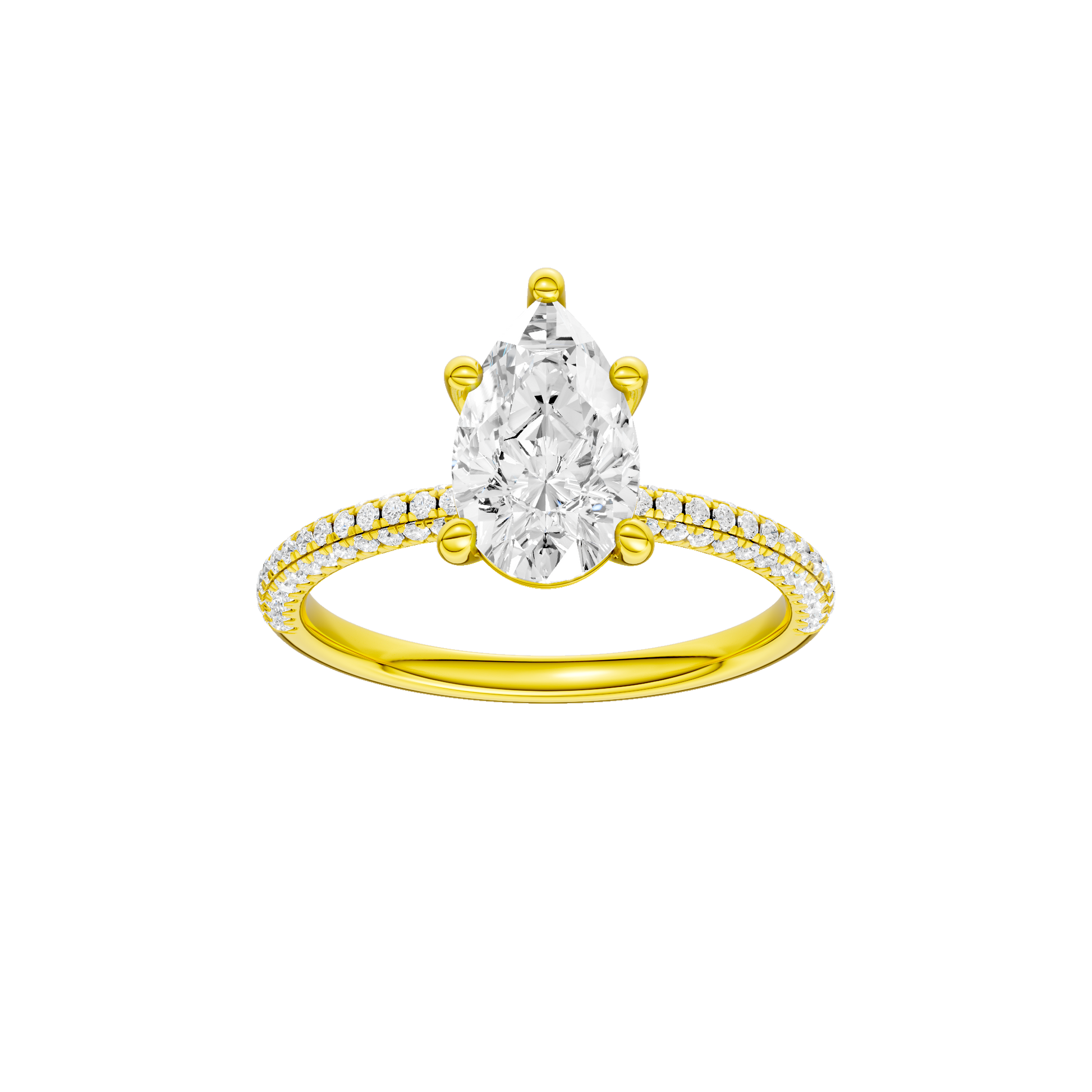 Pear-cut diamond engagement ring with a pavé-set diamond band and solitaire setting.