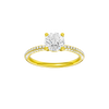 Round-cut diamond engagement ring with a pavé-set diamond band and solitaire setting.