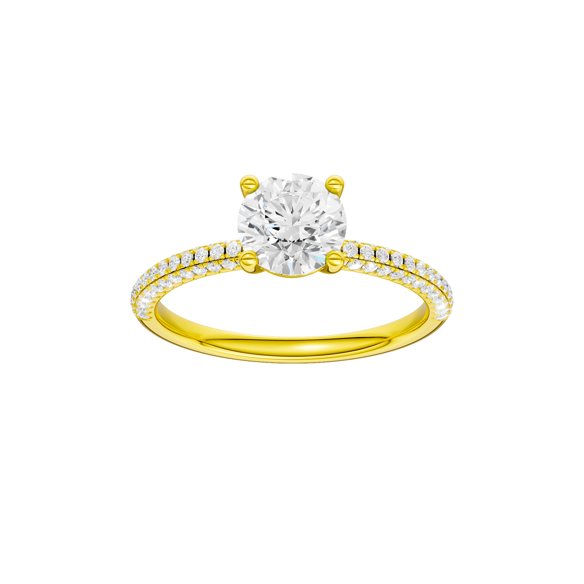 Round-cut diamond engagement ring with a pavé-set diamond band and solitaire setting.