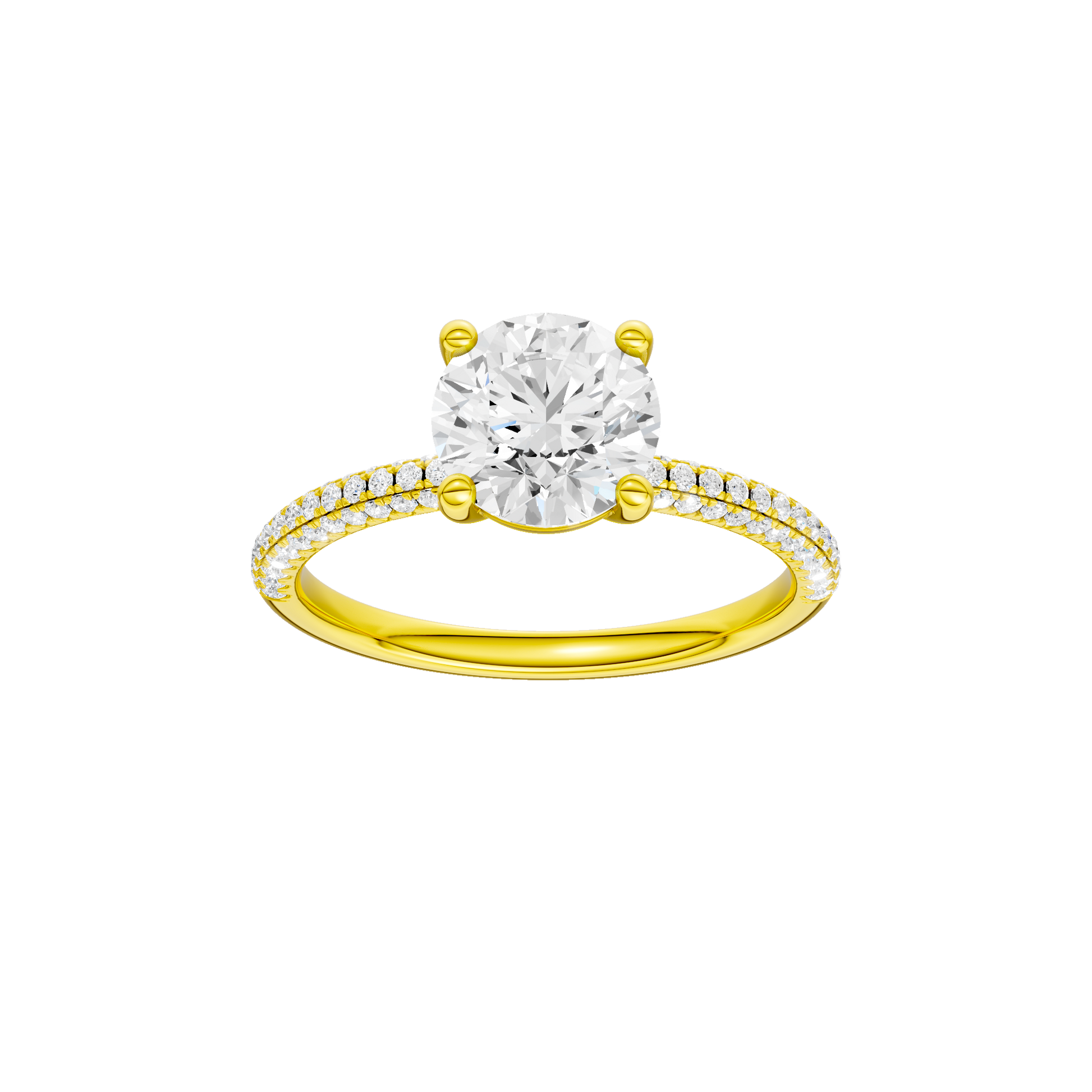 Round-cut diamond engagement ring with a pavé-set diamond band and solitaire setting.