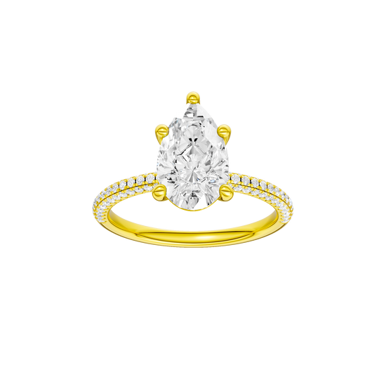 Pear-cut diamond engagement ring with a pavé-set diamond band and solitaire setting.