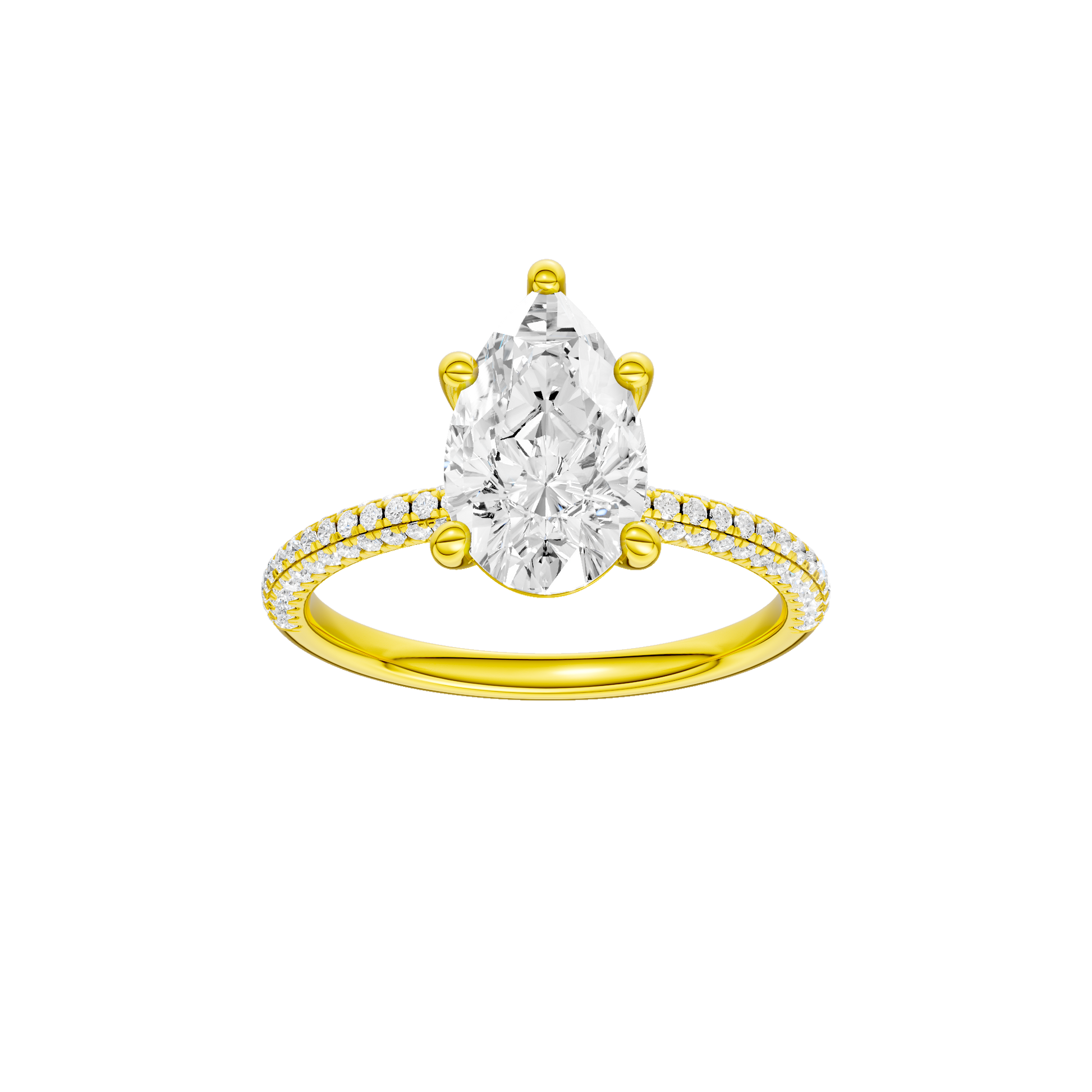 Pear-cut diamond engagement ring with a pavé-set diamond band and solitaire setting.