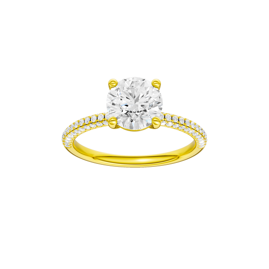 Round-cut diamond engagement ring with a pavé-set diamond band and solitaire setting.