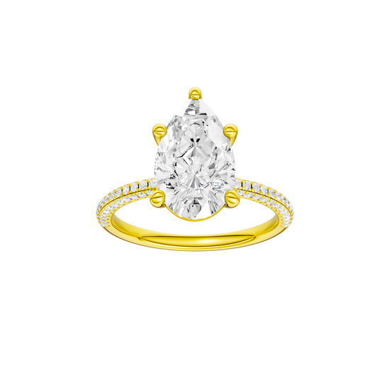 Pear-cut diamond engagement ring with a pavé-set diamond band and solitaire setting.