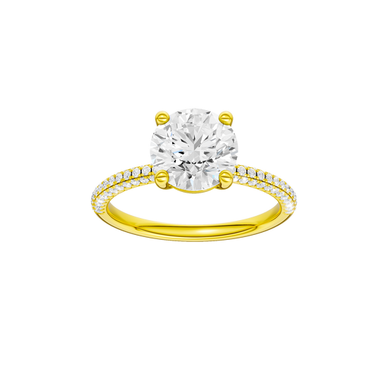 Round-cut diamond engagement ring with a pavé-set diamond band and solitaire setting.