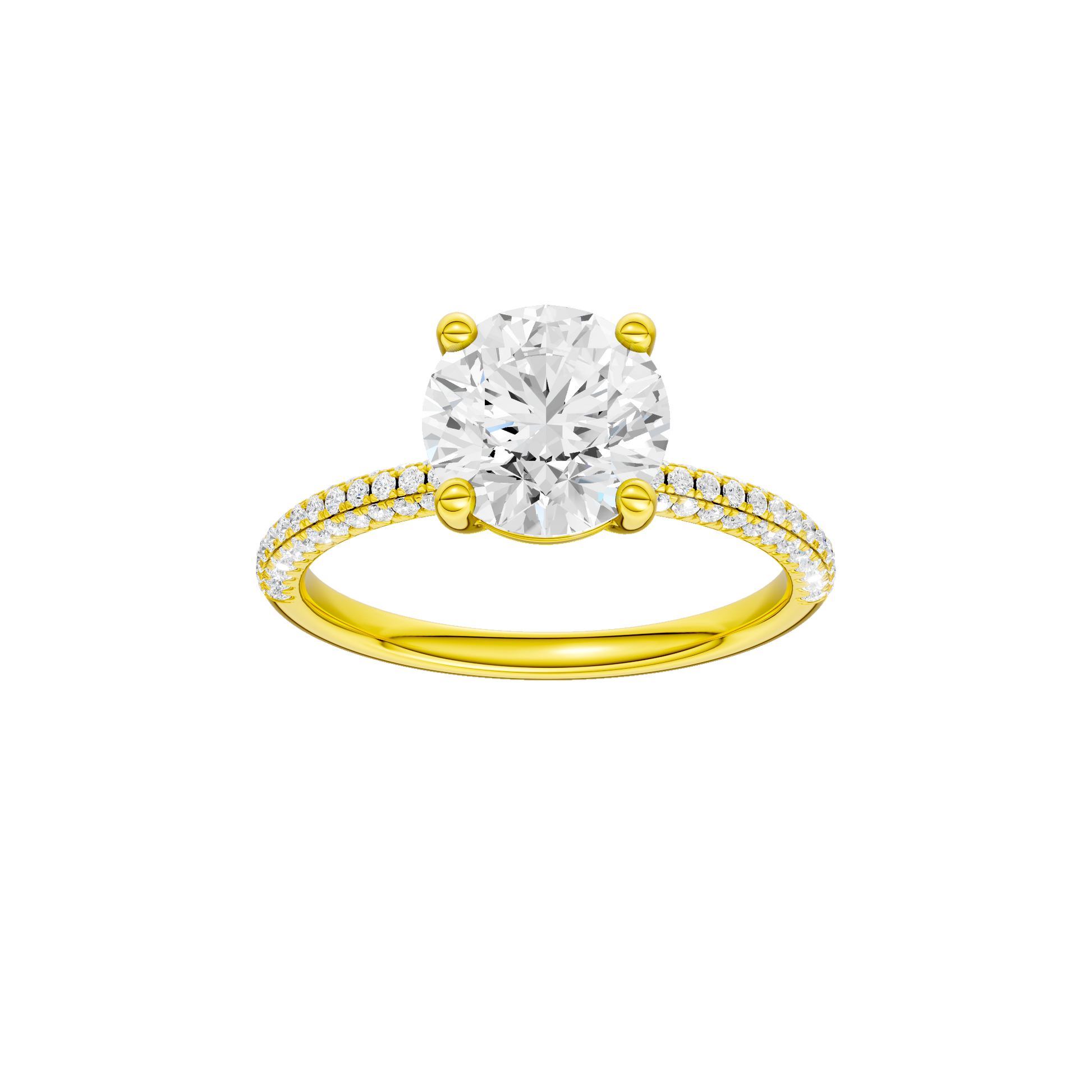 Round-cut diamond engagement ring with a pavé-set diamond band and solitaire setting.
