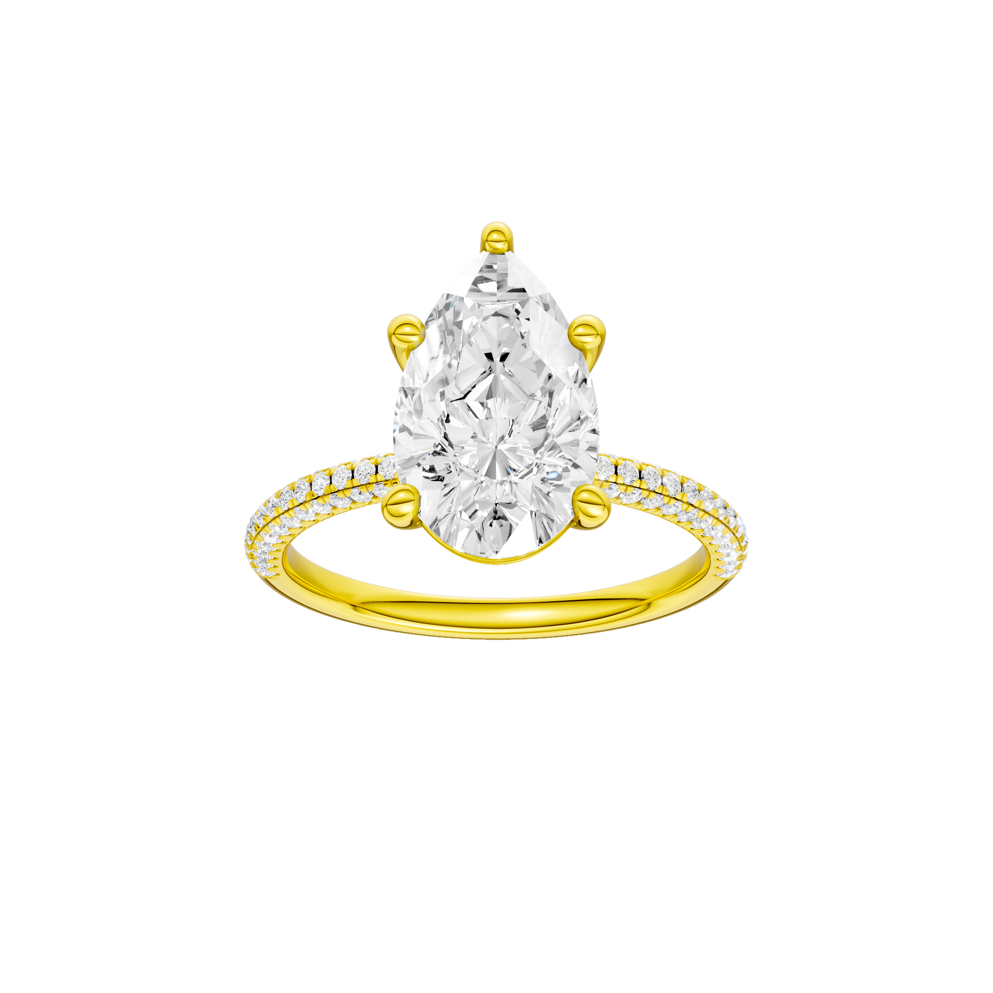 Pear-cut diamond engagement ring with a pavé-set diamond band and solitaire setting.
