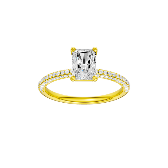 Radiant-cut diamond engagement ring with a pavé-set diamond band and solitaire setting.
