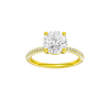 Round-cut diamond engagement ring with a pavé-set diamond band and solitaire setting.