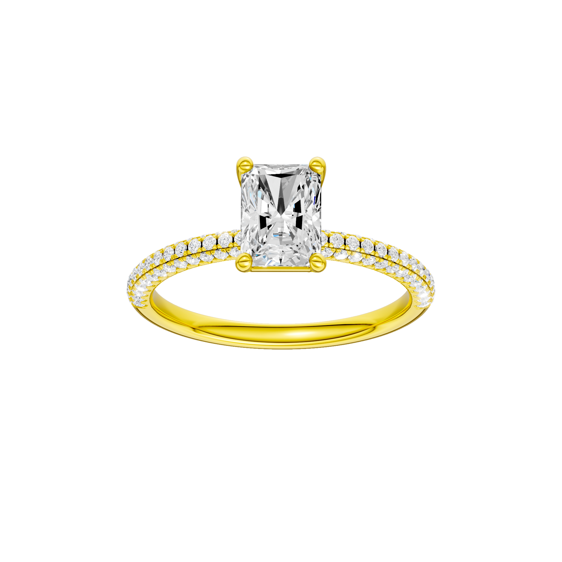 Radiant-cut diamond engagement ring with a pavé-set diamond band and solitaire setting.