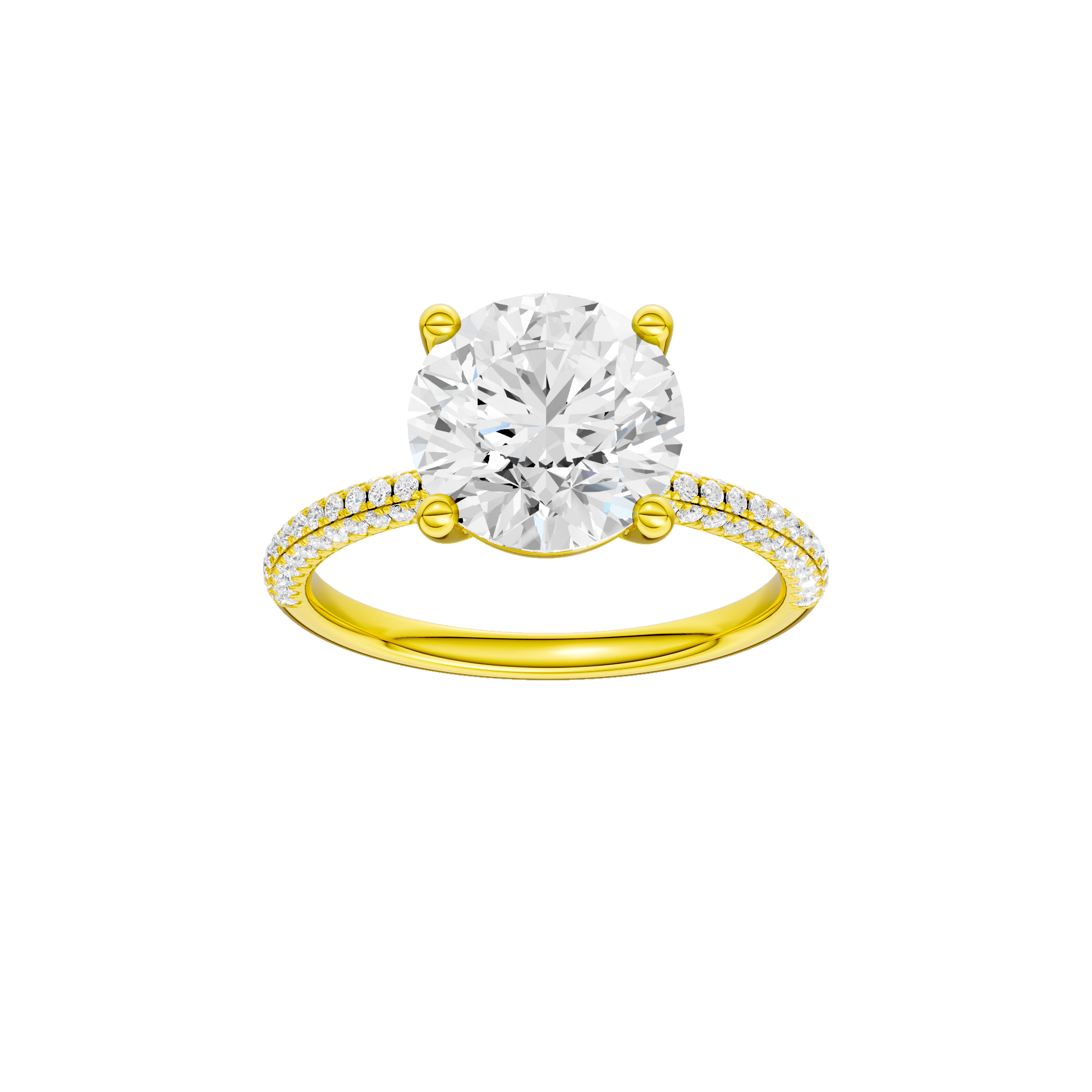Round-cut diamond engagement ring with a pavé-set diamond band and solitaire setting.