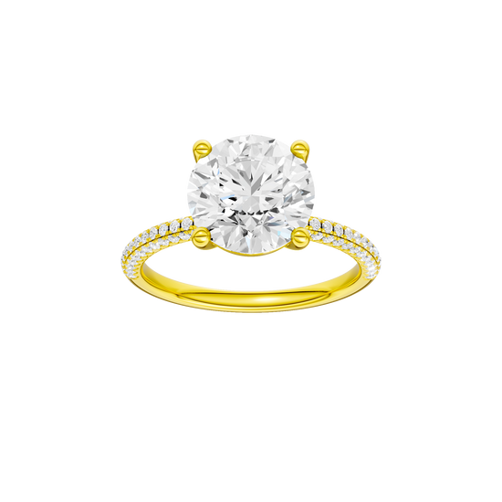 Round-cut diamond engagement ring with a pavé-set diamond band and solitaire setting.
