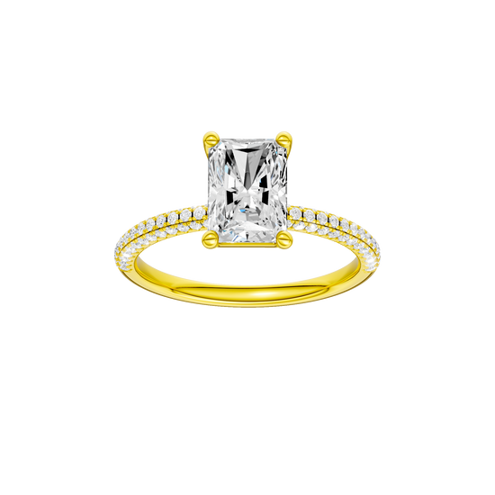 Radiant-cut diamond engagement ring with a pavé-set diamond band and solitaire setting.