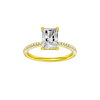 Radiant-cut diamond engagement ring with a pavé-set diamond band and solitaire setting.