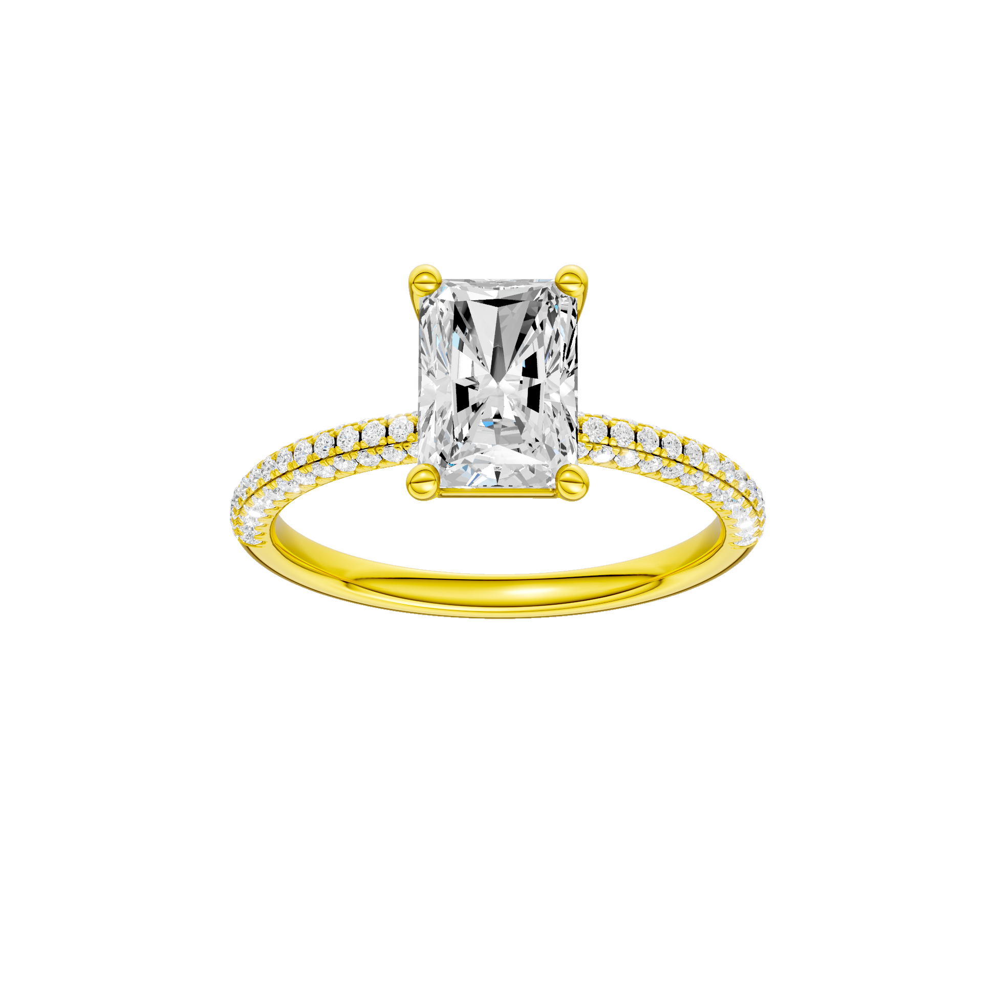 Radiant-cut diamond engagement ring with a pavé-set diamond band and solitaire setting.