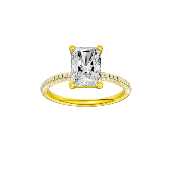 Radiant-cut diamond engagement ring with a pavé-set diamond band and solitaire setting.