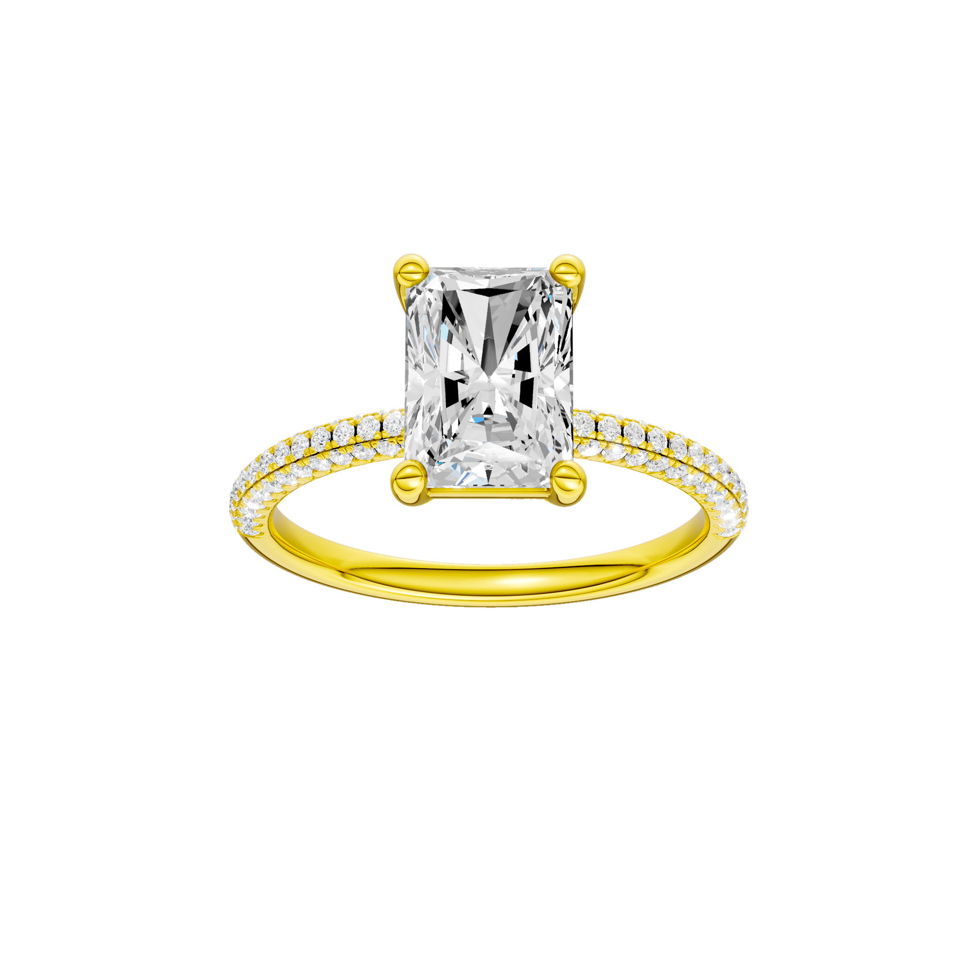 Radiant-cut diamond engagement ring with a pavé-set diamond band and solitaire setting.