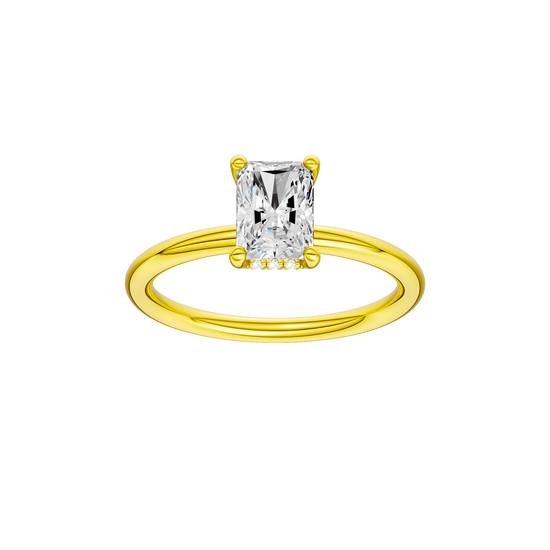 Radiant-cut diamond engagement ring with a plain band and hidden-halo setting.