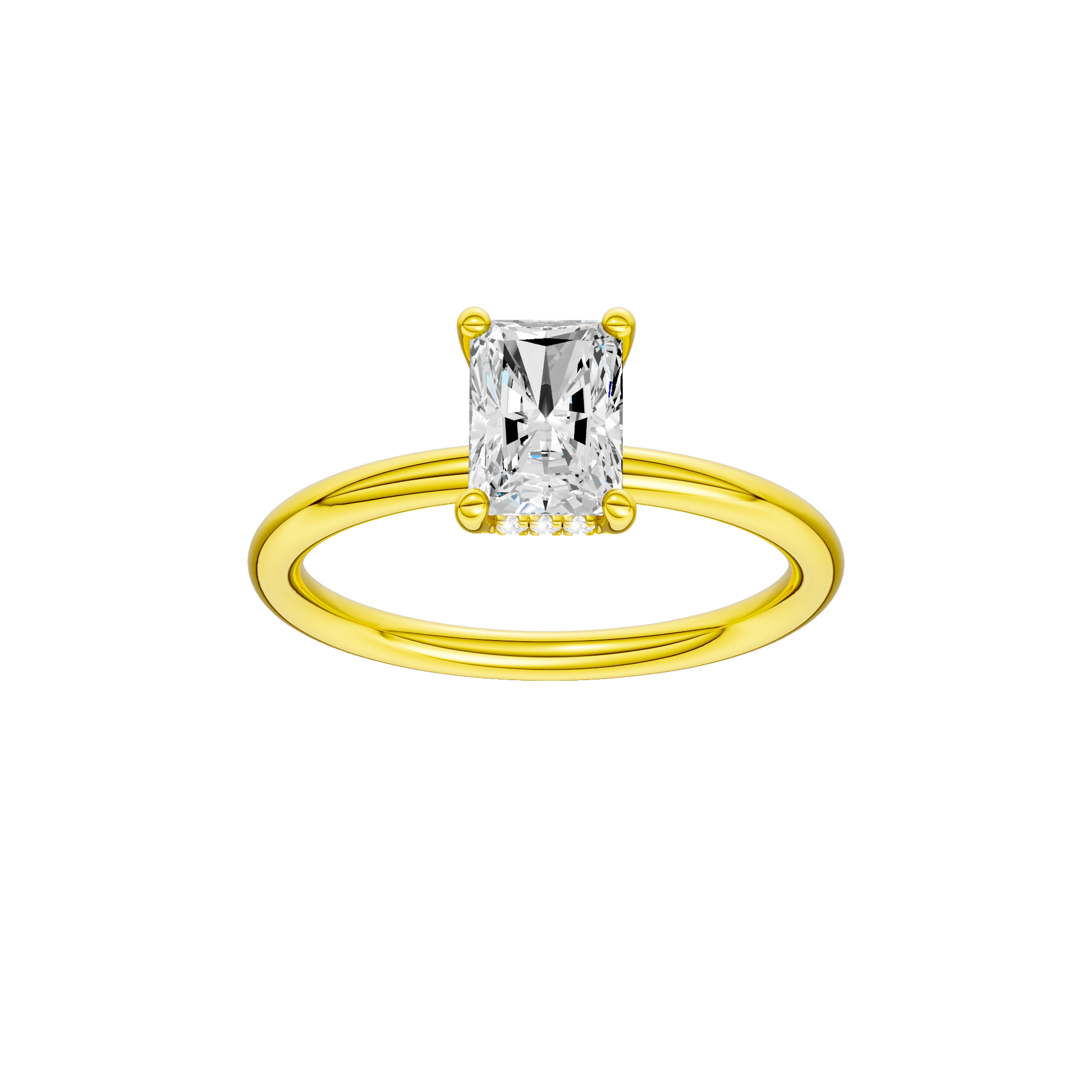 Radiant-cut diamond engagement ring with a plain band and hidden-halo setting.