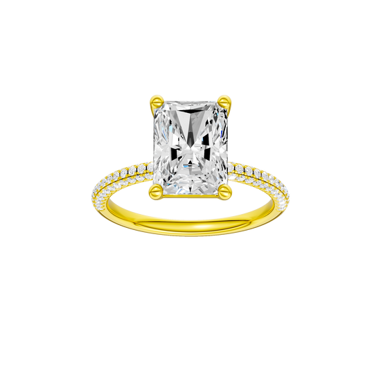 Radiant-cut diamond engagement ring with a pavé-set diamond band and solitaire setting.