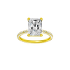Radiant-cut diamond engagement ring with a pavé-set diamond band and solitaire setting.