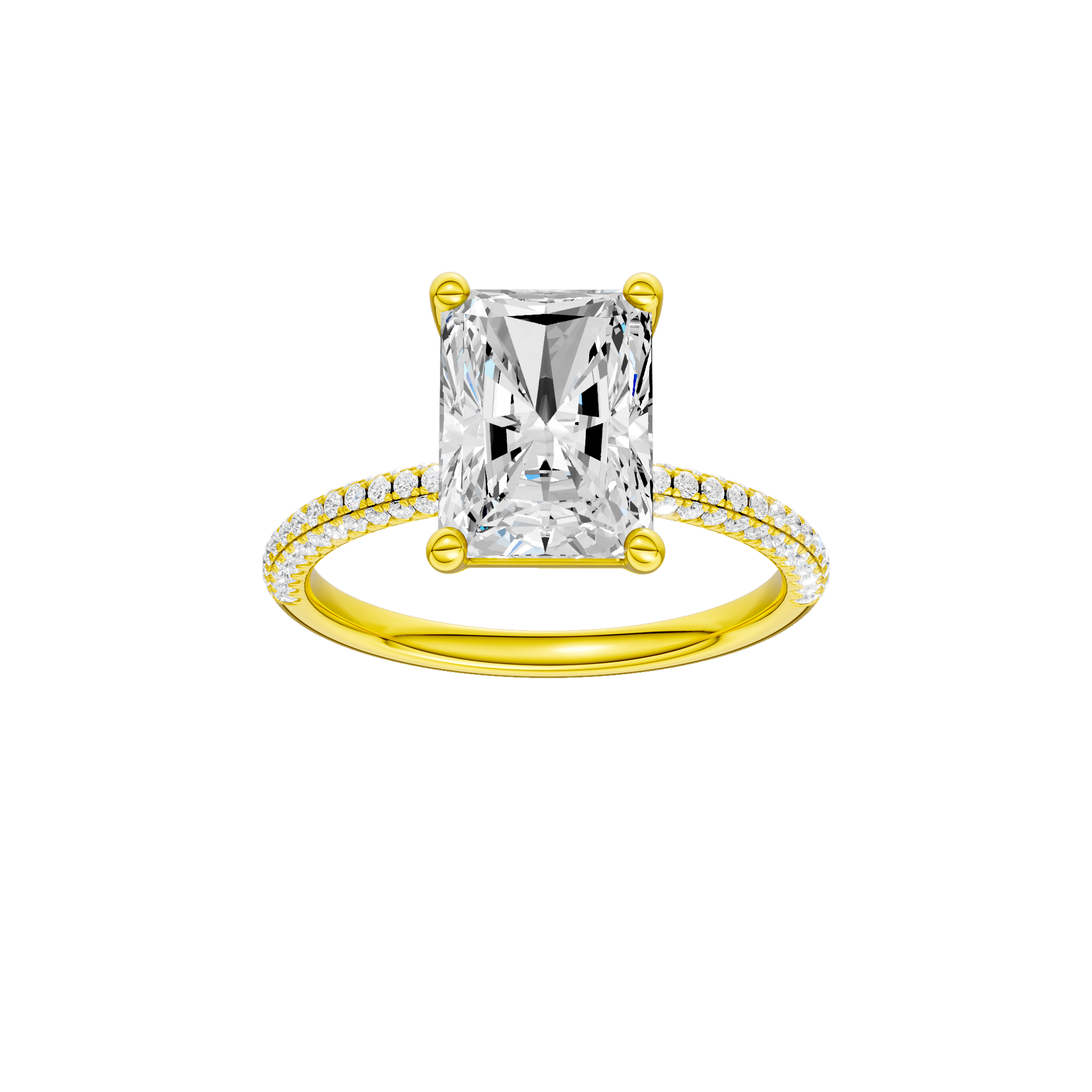 Radiant-cut diamond engagement ring with a pavé-set diamond band and solitaire setting.