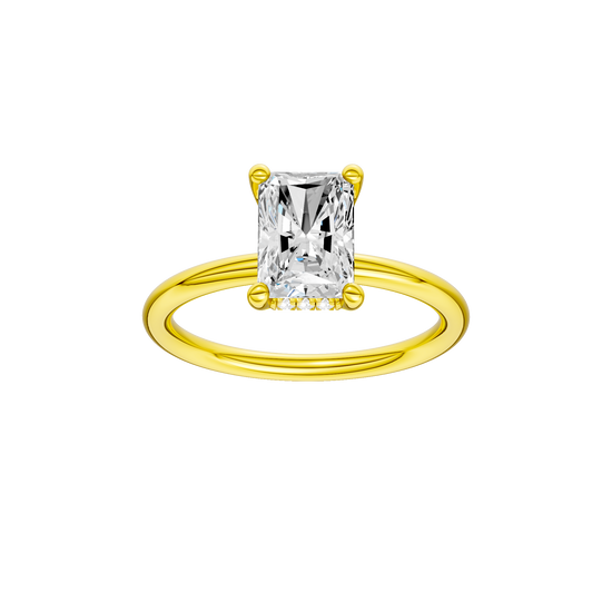 Radiant-cut diamond engagement ring with a plain band and hidden-halo setting.