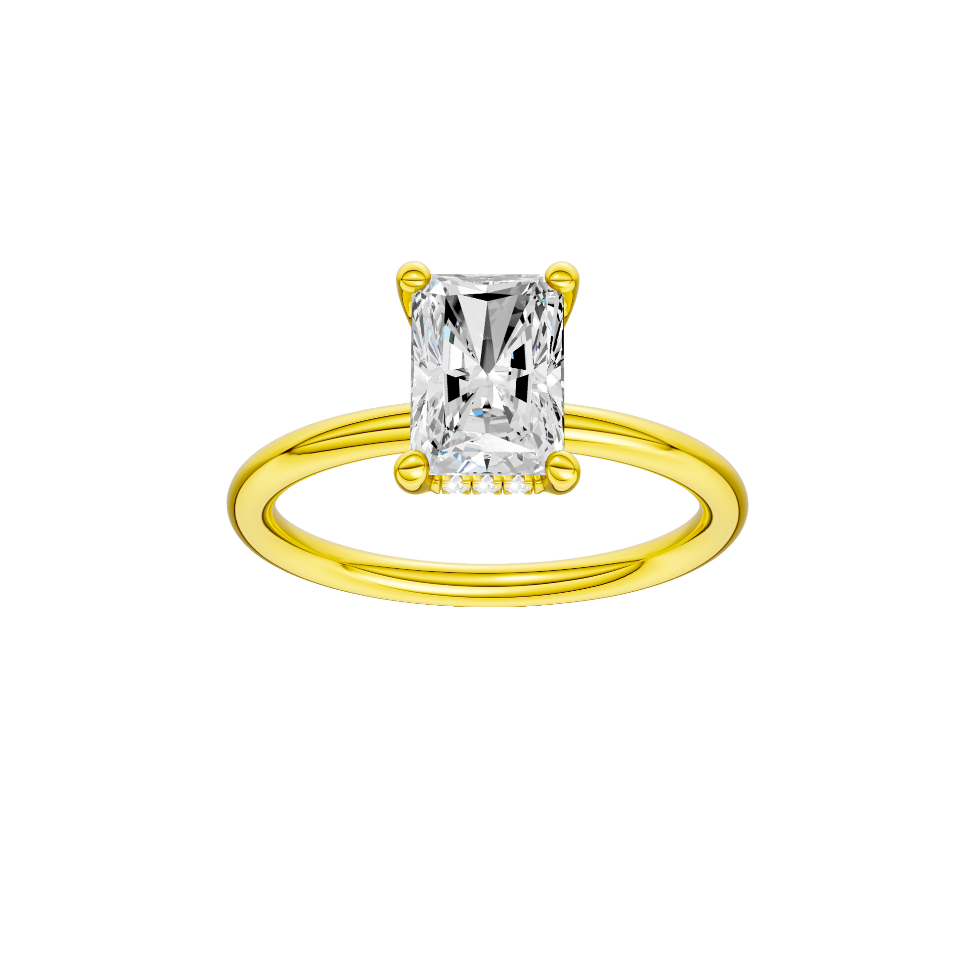 Radiant-cut diamond engagement ring with a plain band and hidden-halo setting.