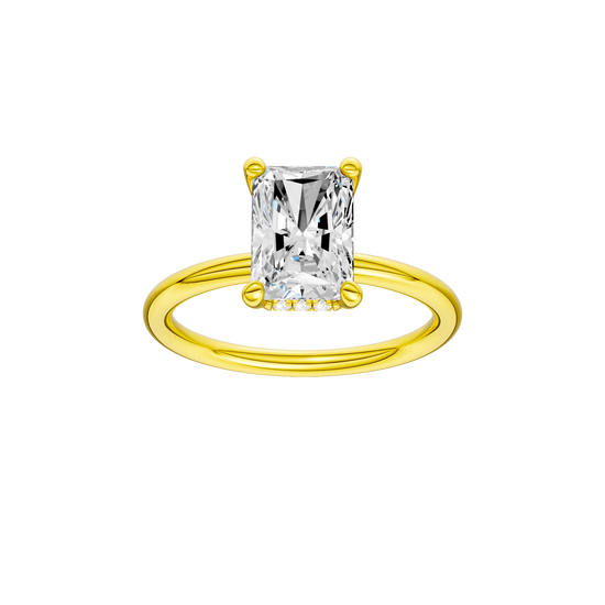 Radiant-cut diamond engagement ring with a plain band and hidden-halo setting.